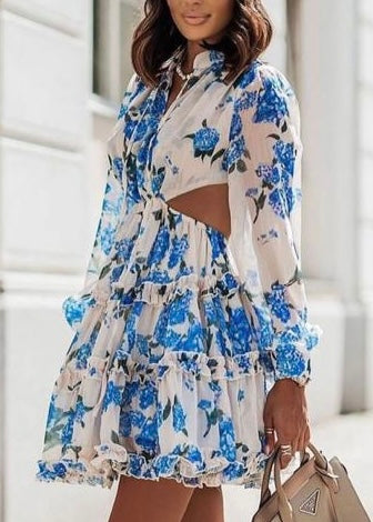 KLEID LANGÄRMLIG MIT BLAUEM MUSTER